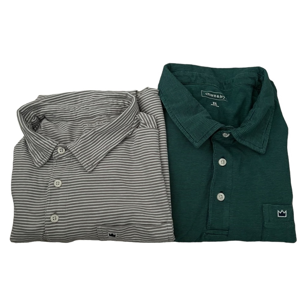 2 Crown & Ivy Polo Shirts Cotton Grey Striped / Green Striped Men’s Size XXL